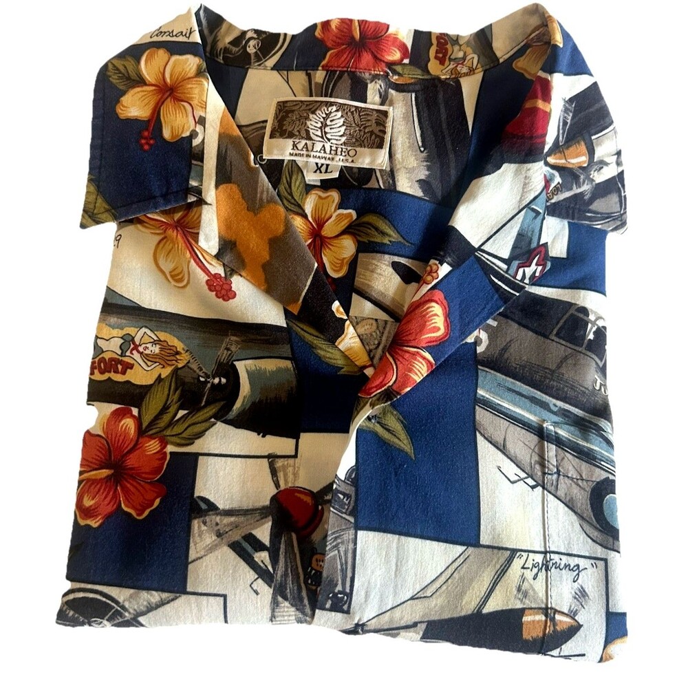 Kalaheo Hawaiian Shirt Men XL WW2 Planes Floral Pocket Short Sleeves  Hawaii USA